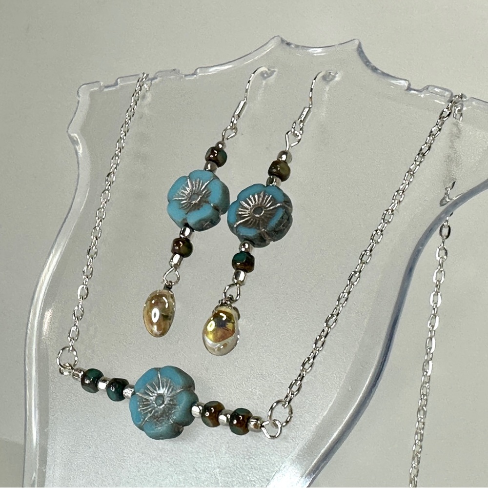 Czech glass bead matching handmade blue and silver flower necklace earring set